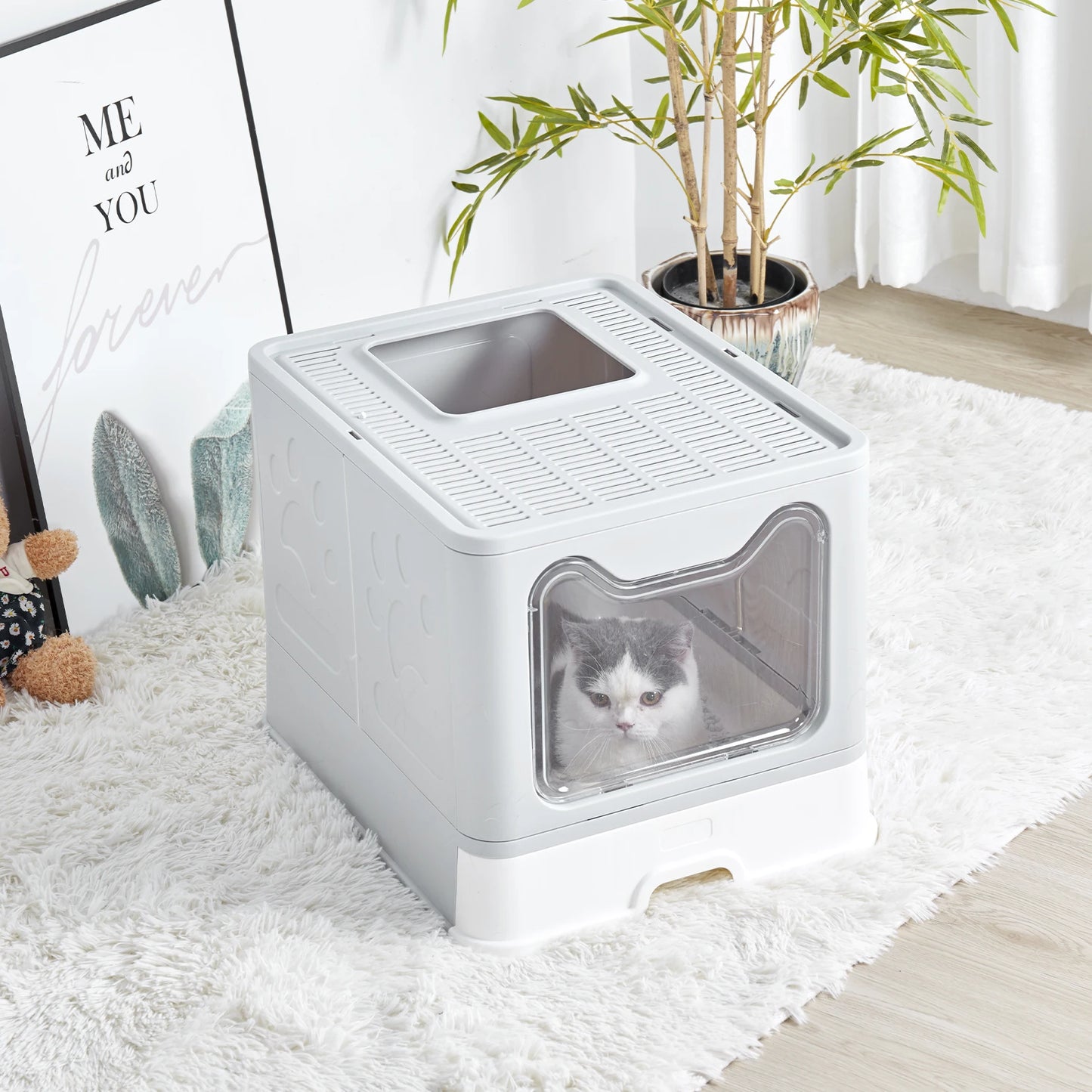 XXL Foldable Cat Litter Box – Front Entry, Top Exit & Pull-Out Tray (Space-Saving Design)