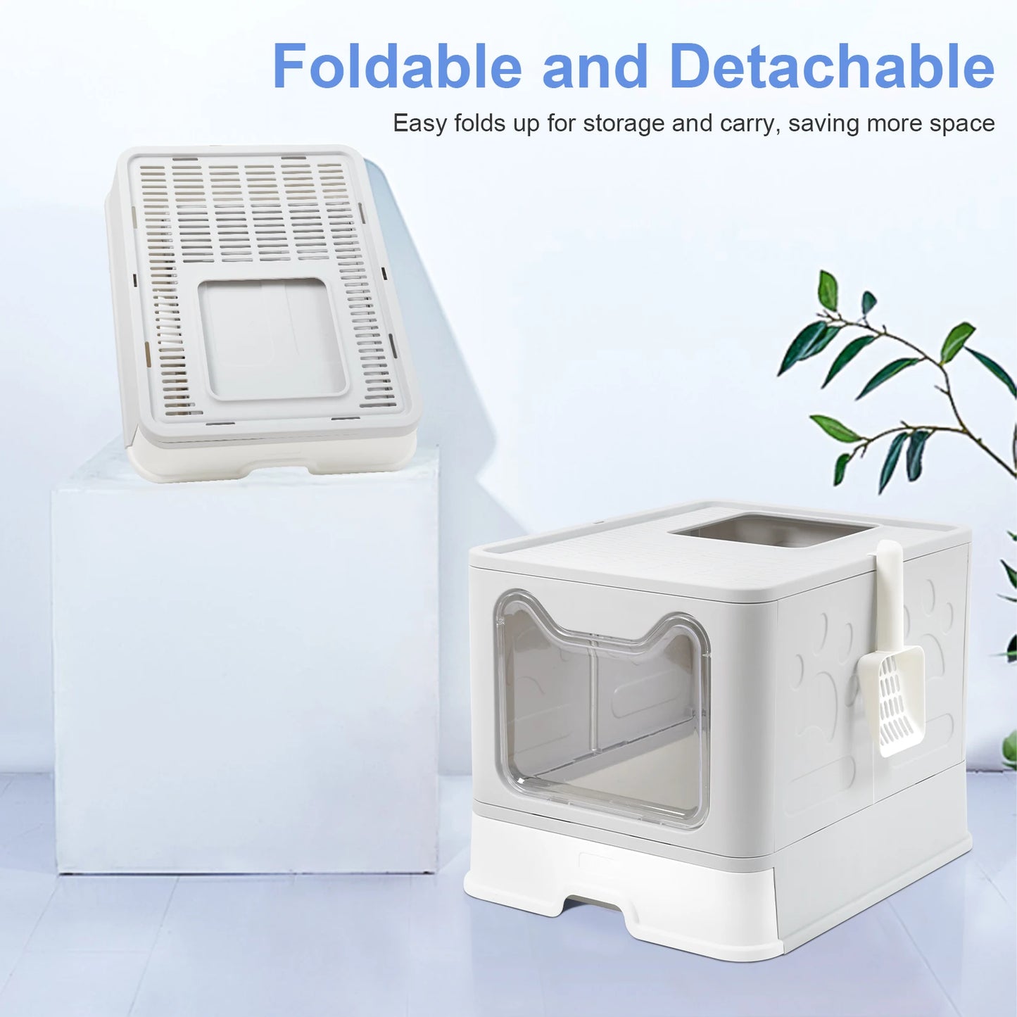 XXL Foldable Cat Litter Box – Front Entry, Top Exit & Pull-Out Tray (Space-Saving Design)