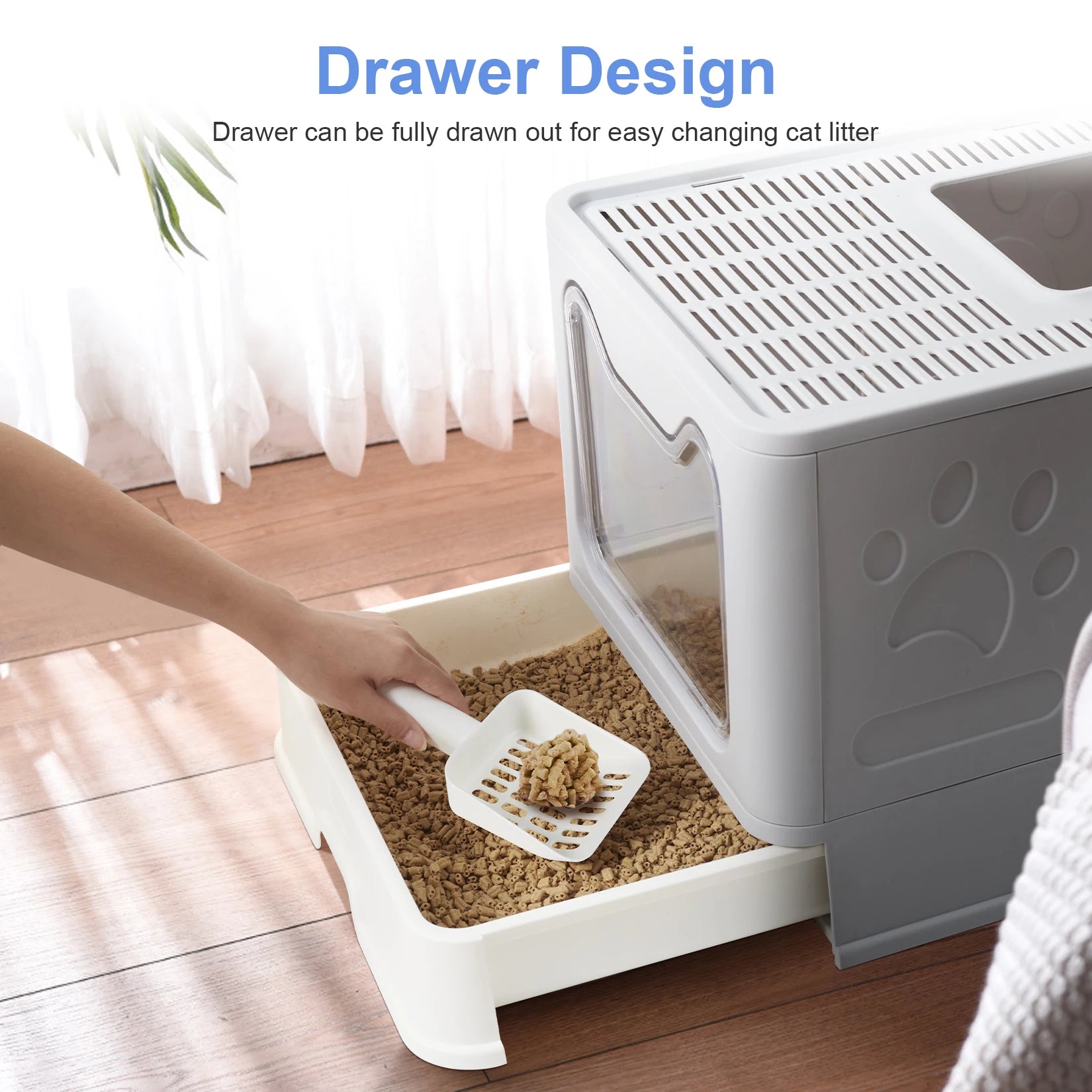 XXL Foldable Cat Litter Box – Front Entry, Top Exit & Pull-Out Tray (Space-Saving Design)