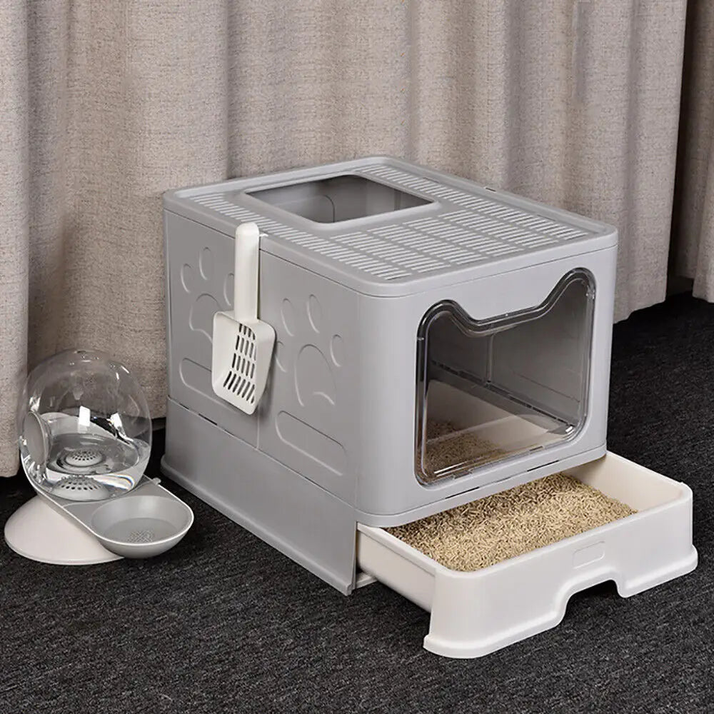 XXL Foldable Cat Litter Box – Front Entry, Top Exit & Pull-Out Tray (Space-Saving Design)