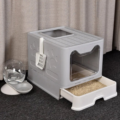 XXL Foldable Cat Litter Box – Front Entry, Top Exit & Pull-Out Tray (Space-Saving Design)