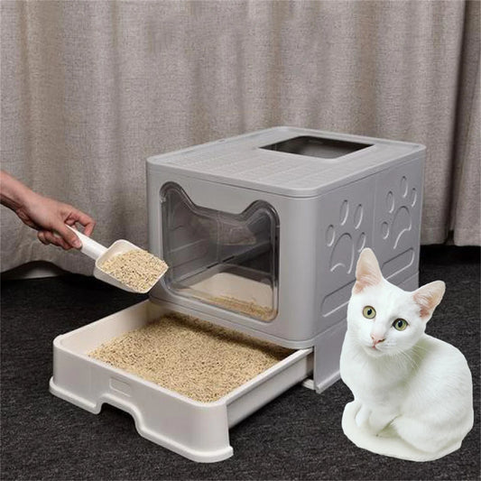 XXL Foldable Cat Litter Box – Front Entry, Top Exit & Pull-Out Tray (Space-Saving Design)